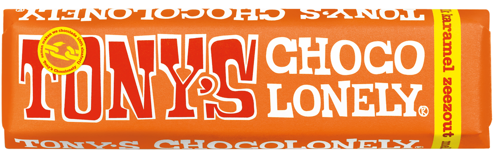 Tony's Chocolonely reepje melk karamel zeezout, voorkant van de verpakking