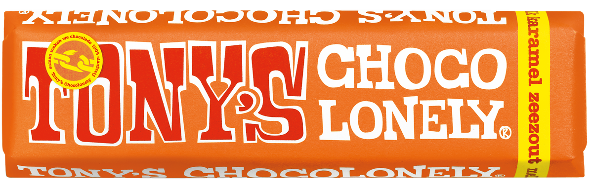 Tony's Chocolonely reepje melk karamel zeezout, voorkant van de verpakking