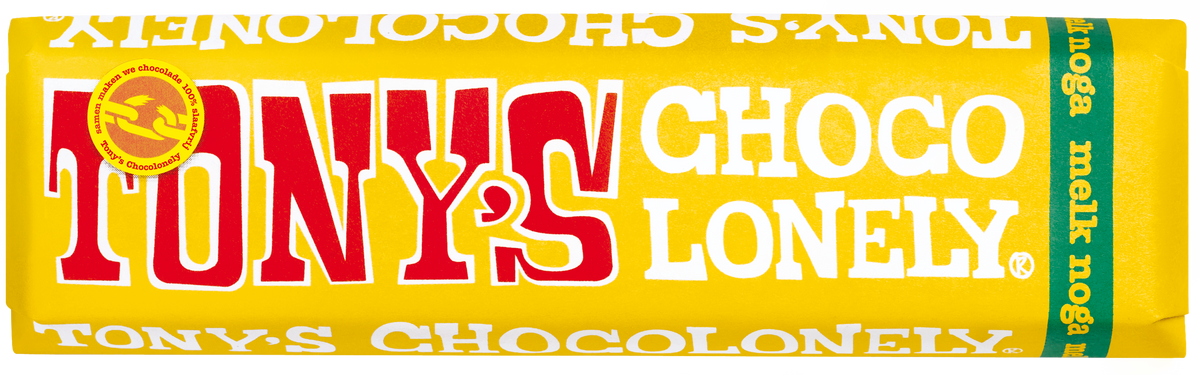 Tony's Chocolonely reepje melk noga, voorkant van de verpakking