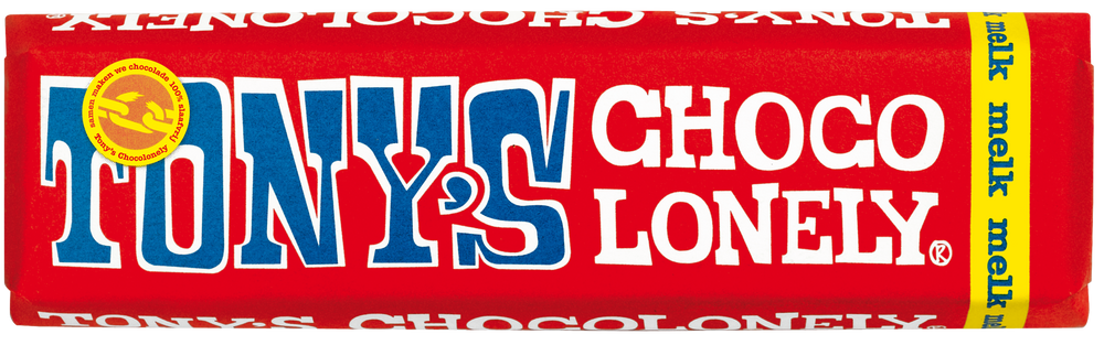 Tony's Chocolonely reepje melk, voorkant van de verpakking