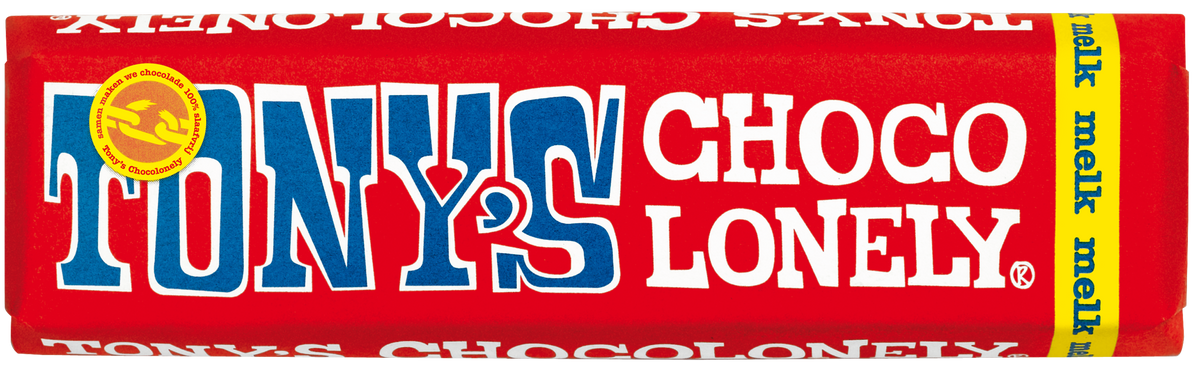 Tony's Chocolonely reepje melk, voorkant van de verpakking