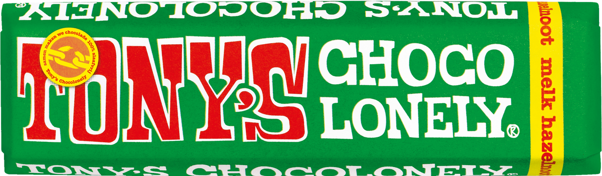Tony's Chocolonely reepje melk hazelnoot, voorkant van de verpakking