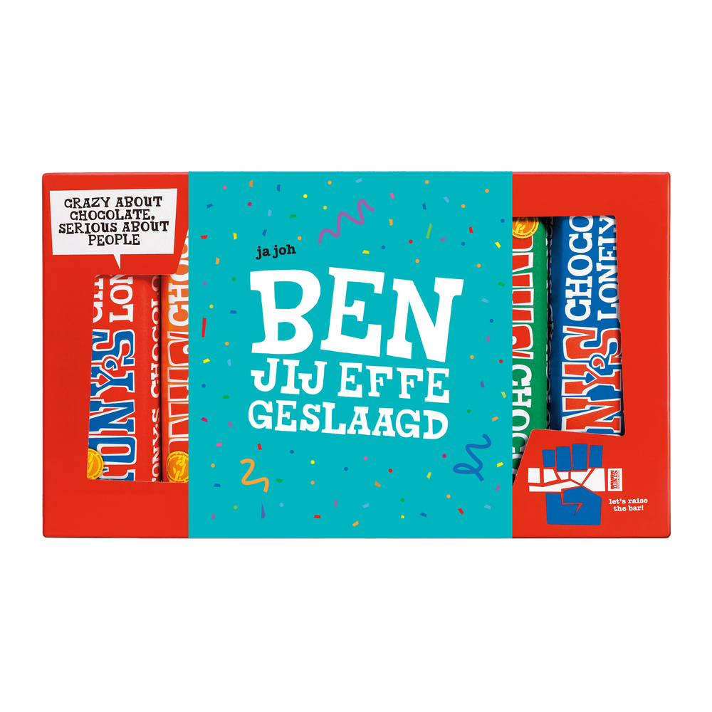 Tony's Chocolonely proeverijtje Geslaagd, voorkant van de verpakking