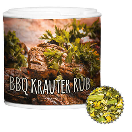 Kartonnen strooibusje met BBQ-kruidenrub (20 gram)