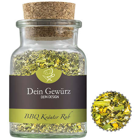 Glazen kruidenpot met kurk en logo, kruidenmix naar keuze