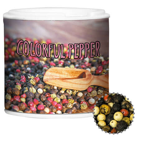 Kartonnen strooibusje met gekleurde peperkorrels (20 gram)