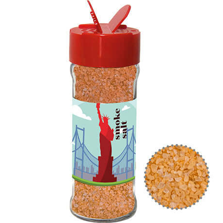 Glazen strooipotje met grof rookzout (90 gram)