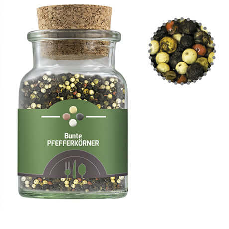 Glazen potje met kurk met gekleurde peperkorrels (65 gram)