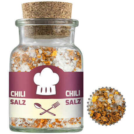 Glazen potje met kurk met chilizout (55 gram)