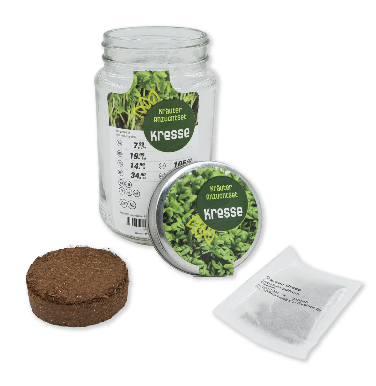 Glazen potje met draaidop en bedrukte sticker, met potgrondtablet en zaadzakje