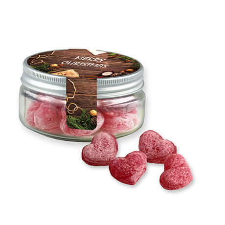 Glühweinhartjes (70 gram) in snoeppotje met etiket