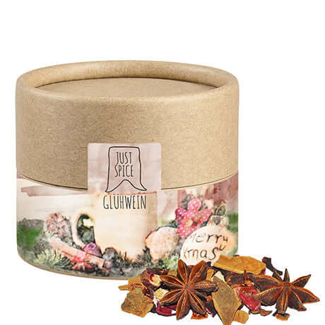 Grove glühweinkruiden in blik of koker met logo (20 tot 150 gram)