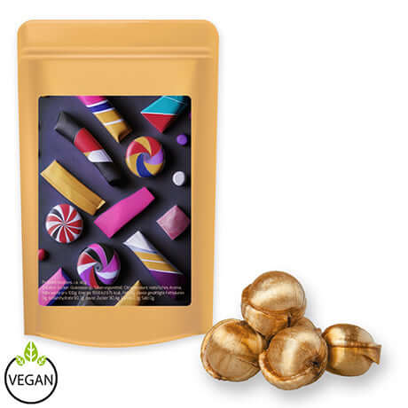 Snoepjes gouden nootjes (80 gram) in bruine stazak met etiket