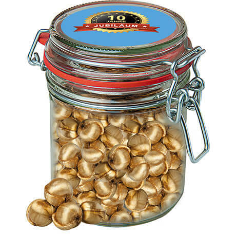 Snoepjes gouden nootjes (200 gram) in glazen snoeppot