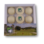 Doosje met halve golfballen van witte chocolade, logoschildjes en een smalle bedrukte huls