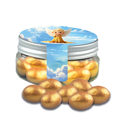 Gouden amandelen in een snoeppotje met schroefdeksel en bedrukt etiket