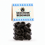 Zakje klompendrop van 100 gram met bedrukt topkaartje met logo en Delfts blauwe randen