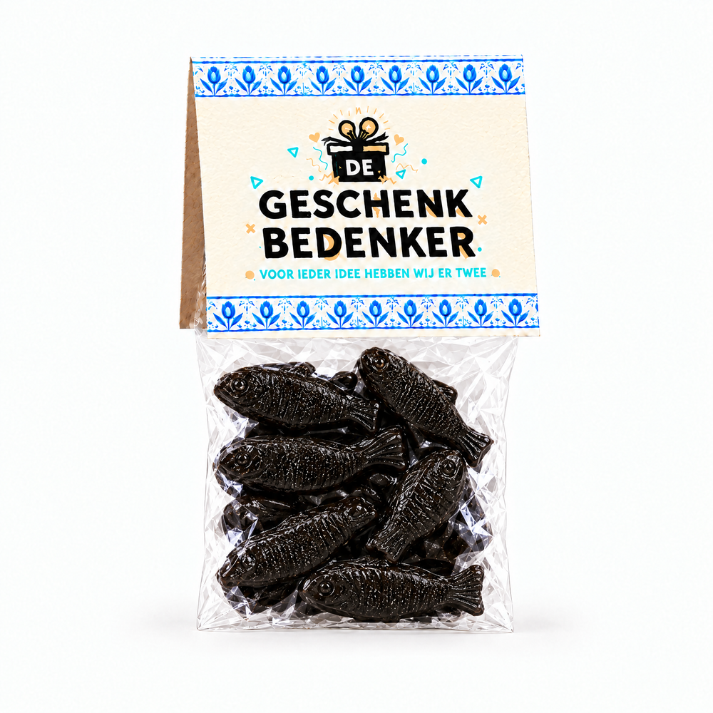 Zakje dropharingen van 100 gram met bedrukt topkaartje met logo en Delfts blauwe randen