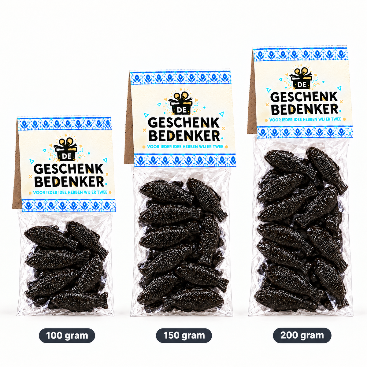 Katja dropharingen in zakje met topkaart De Geschenkbedenker, 100, 150 en 200 gram naast elkaar