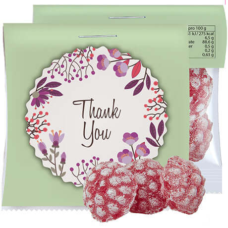 Frambozensnoepjes met logo (17 tot 200 gram)