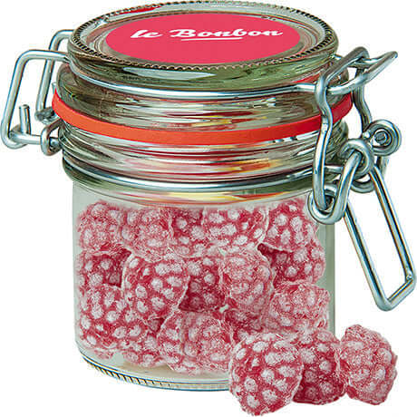 Frambozensnoepjes (60 gram) in glazen snoeppot