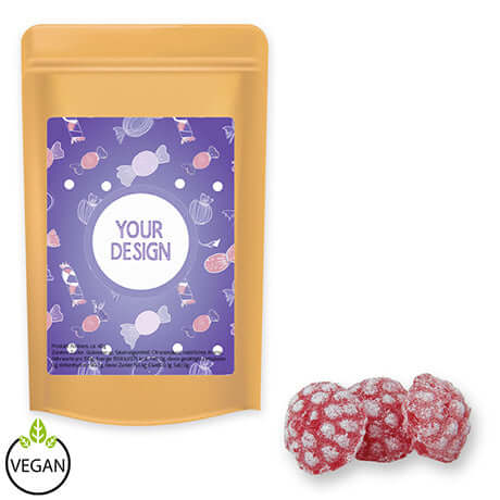 Frambozensnoepjes (80 gram) in bruine stazak met etiket