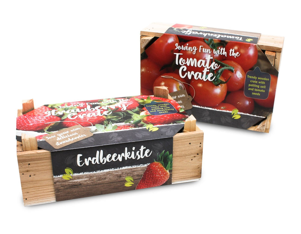 Houten kweekbakjes met tomaat en aardbei in standaard verpakking