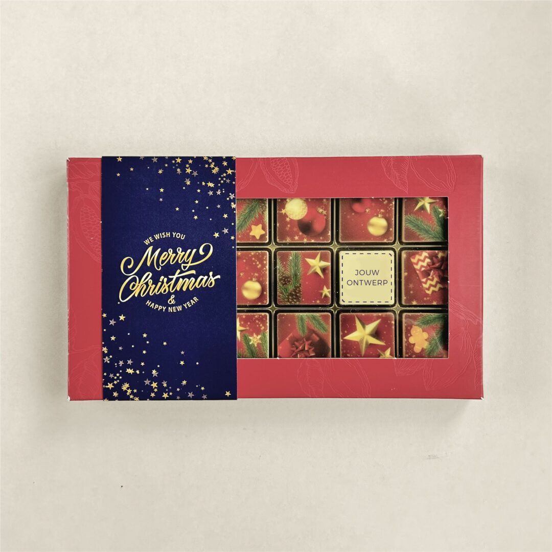 Kerstchocolaatjes met logo, uitvoering 18 blokjes, logo op één blokje