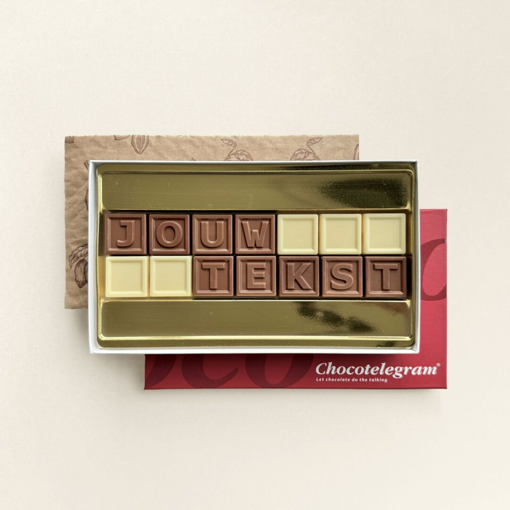 Chocoladetelegram met eigen tekst, uitvoering 14 blokjes