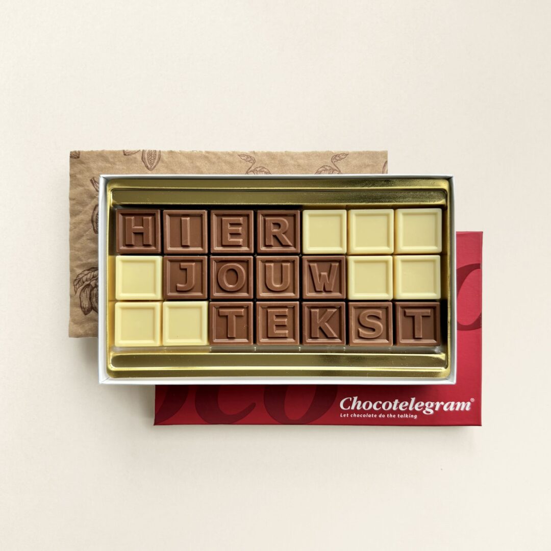 Chocoladetelegram met eigen tekst, uitvoering 21 blokjes