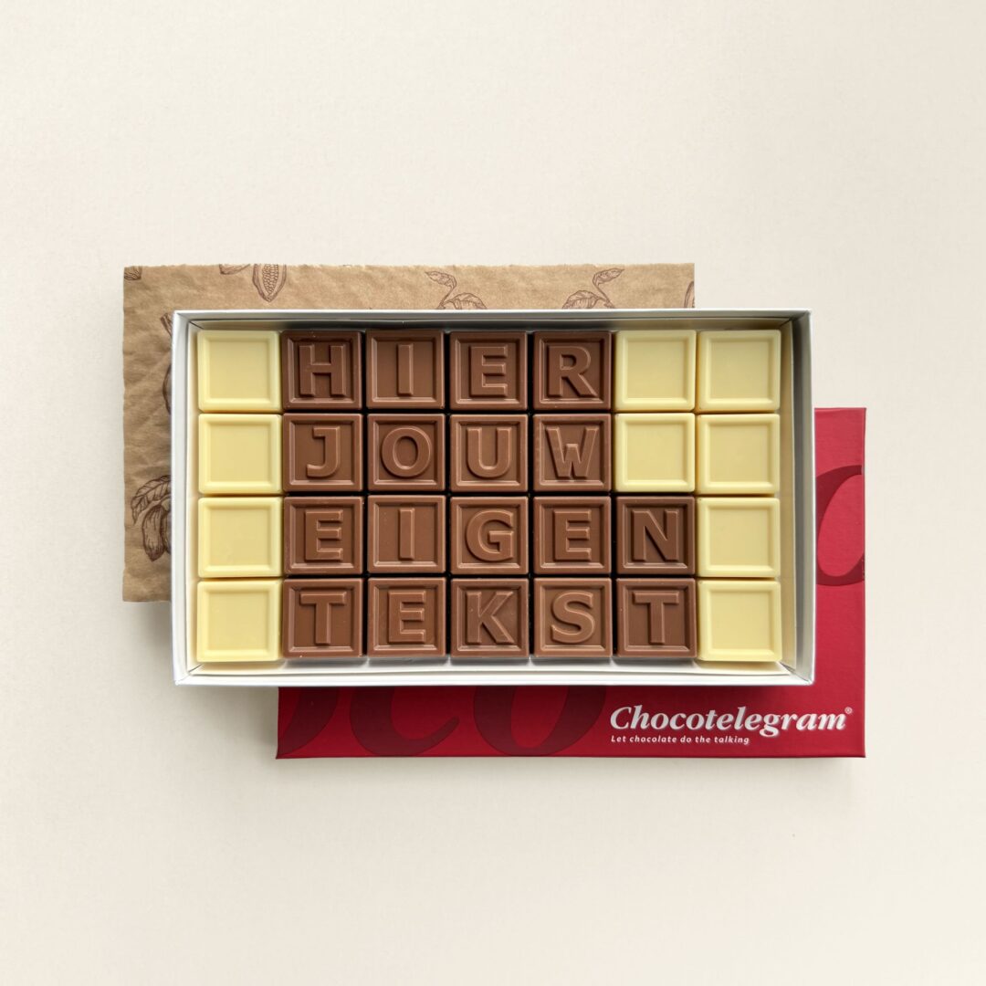 Chocoladetelegram met eigen tekst, uitvoering 28 blokjes