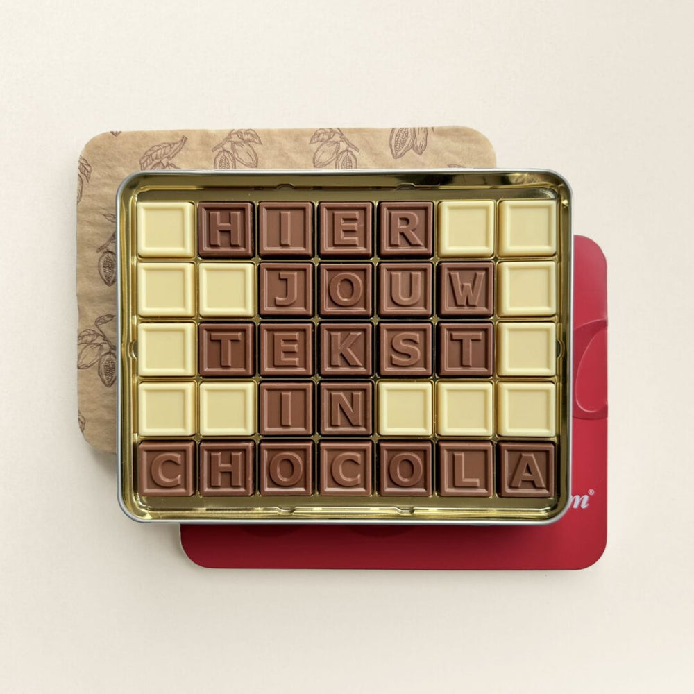 Chocoladetelegram met eigen tekst, uitvoering 35 blokjes in cadeaublik