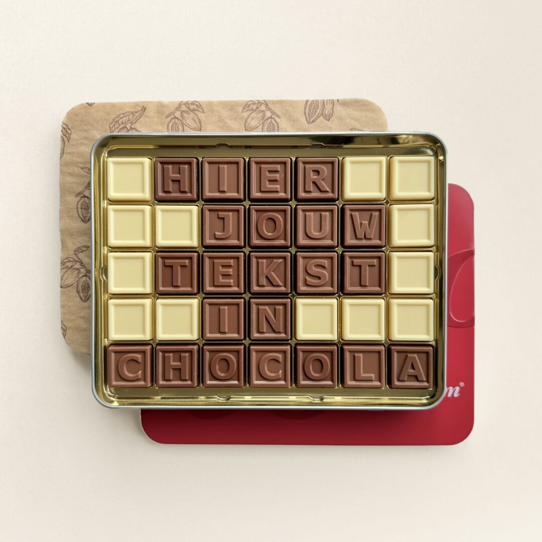 Chocoladetelegram met eigen tekst, uitvoering 35 blokjes in cadeaublik