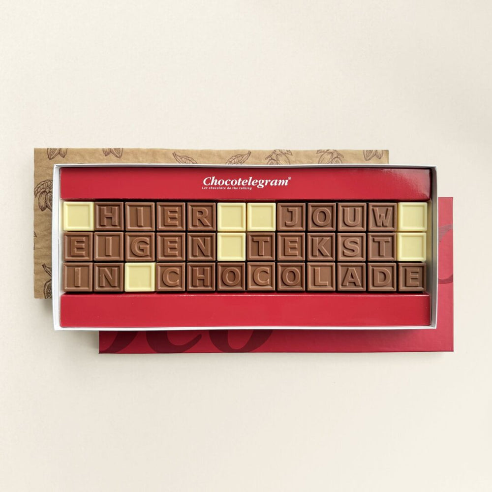 Chocoladetelegram met eigen tekst, uitvoering 36 blokjes