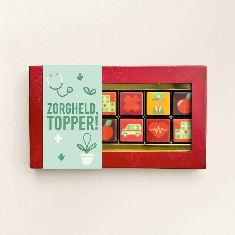 Chocoladeblokjes voor de Dag van de Zorg, uitvoering 12 blokjes, zonder logo