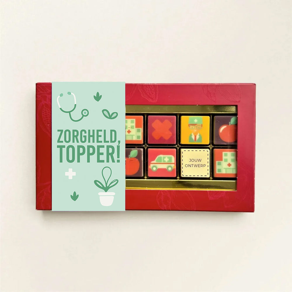 Chocoladeblokjes voor de Dag van de Zorg, uitvoering 12 blokjes, met logo op één blokje