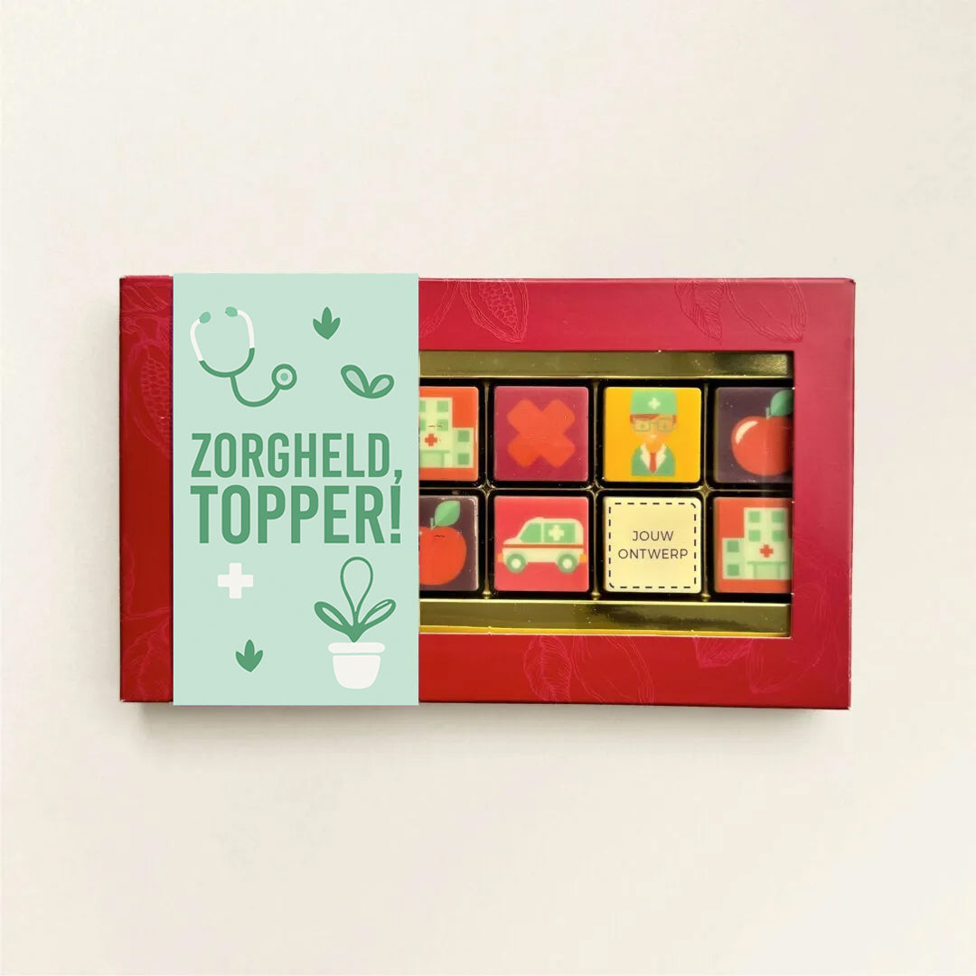 Chocoladeblokjes voor de Dag van de Zorg, uitvoering 12 blokjes, met logo op één blokje