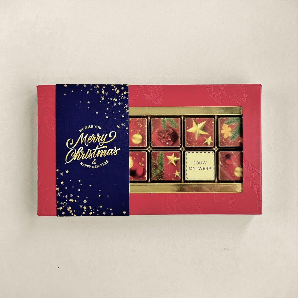 Kerstchocolaatjes met logo, uitvoering 12 blokjes, logo op één blokje