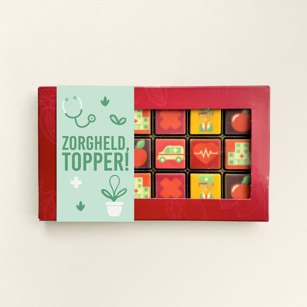 Chocoladeblokjes voor de Dag van de Zorg, uitvoering 18 blokjes, zonder logo