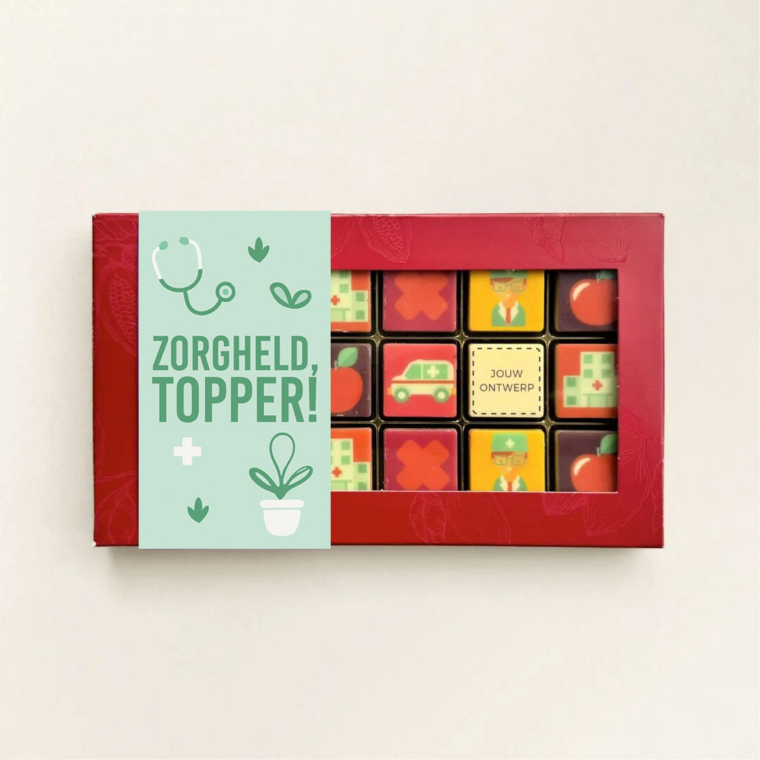 Chocoladeblokjes voor de Dag van de Zorg, uitvoering 18 blokjes, met logo op één blokje