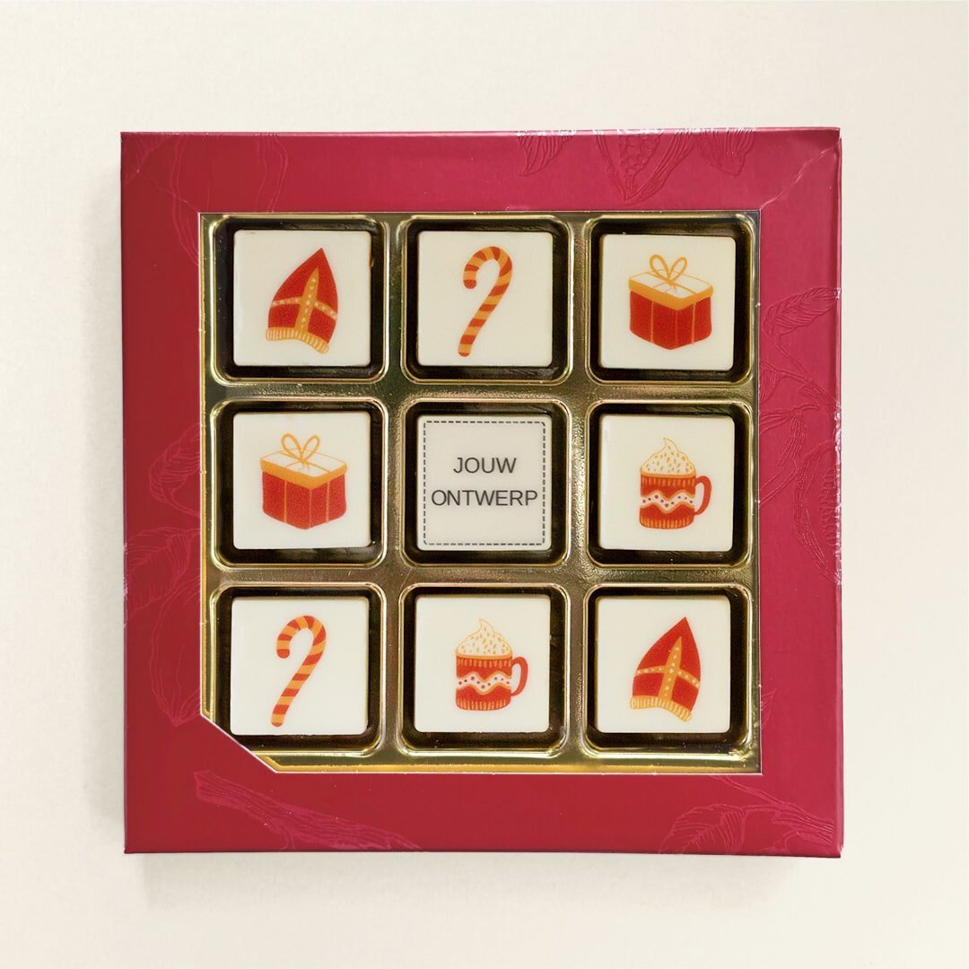 Chocoladeblokjes in geschenkdoos, uitvoering Sinterklaas, met logo op één blokje