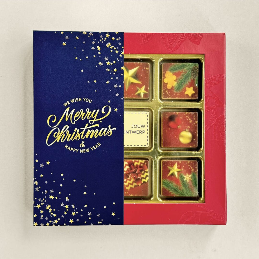 Chocoladeblokjes in geschenkdoos, uitvoering Kerst, met logo op één blokje