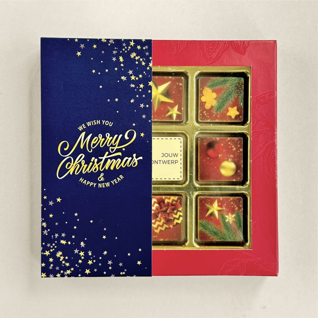 Chocoladeblokjes in geschenkdoos, uitvoering Kerst, met logo op één blokje