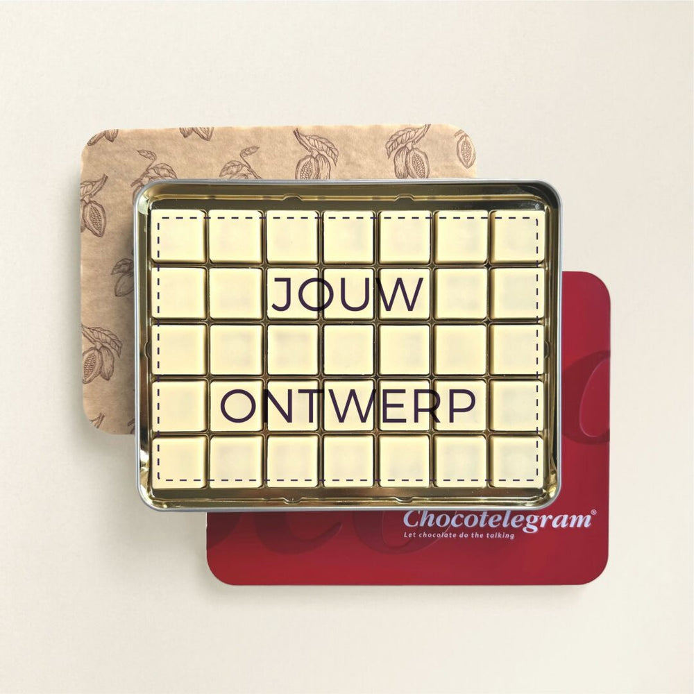Chocolade wenskaart met foto, uitvoering 35 blokjes in cadeaublik