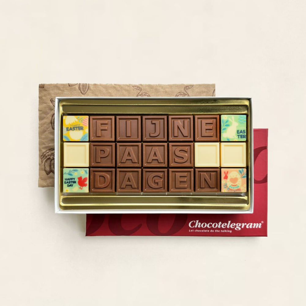 Chocoladetelegram voor Pasen, uitvoering Fijne paasdagen, andere opmaak (21 blokjes)
