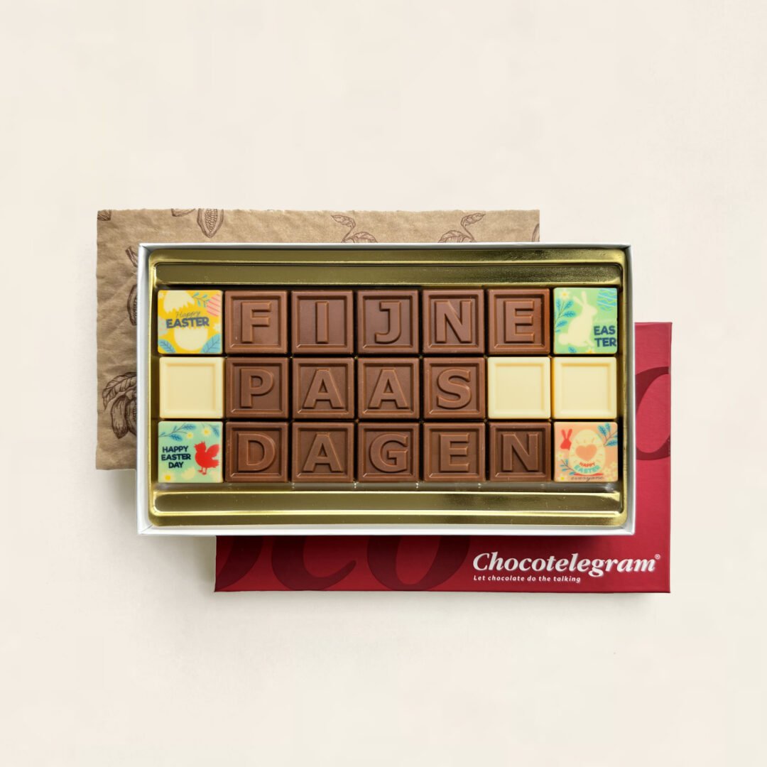 Chocoladetelegram voor Pasen, uitvoering Fijne paasdagen, andere opmaak (21 blokjes)