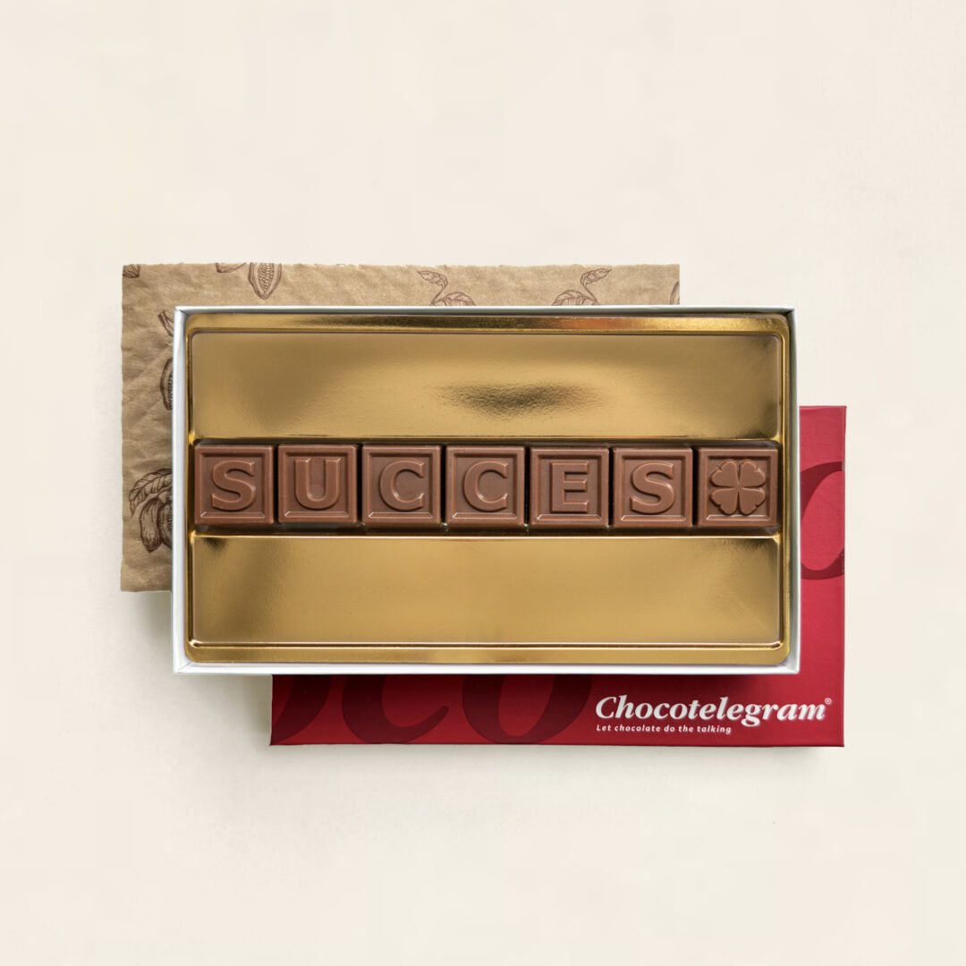 Chocoladetelegram met tekst, uitvoering succes (7 blokjes)