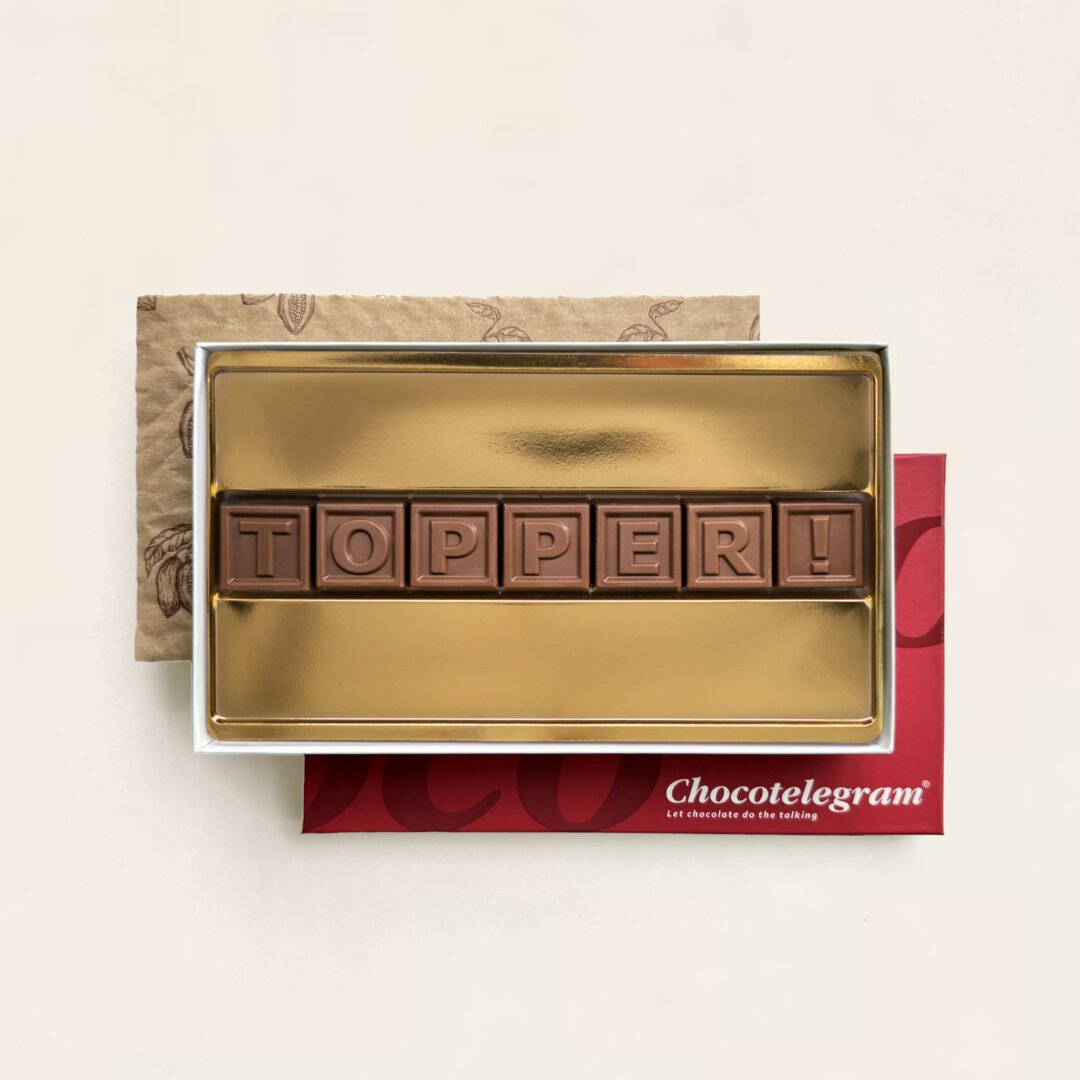 Chocoladetelegram met tekst, uitvoering topper! (7 blokjes)