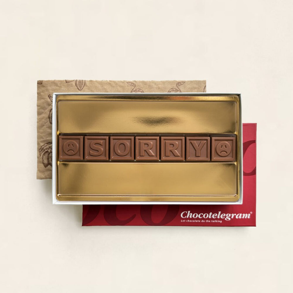Chocoladetelegram met tekst, uitvoering sorry (7 blokjes)