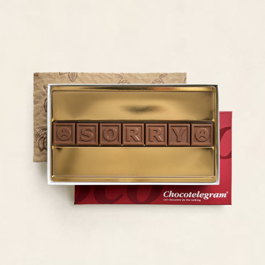 Chocoladetelegram met tekst, uitvoering sorry (7 blokjes)